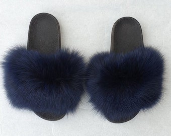 Blaue Pelz Flip Flops,Fell Hausschuhe,flauschige Pelz Schuhe