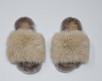 Fur slides,real fox-mink fur slippers,fur slides
