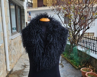 Collar de piel de oveja mongola negra, collar de lujo hecho a mano