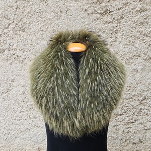 Fur collar, fin raccoon fur collar, green fur collar