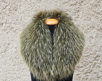 Fur collar, fin raccoon fur collar, green fur collar