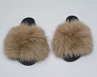 Fur Slides,fur slippers, fluffy fur shoes,fur flip flop,Fur shoes,fox fur slides
