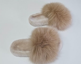 Fur slides,real fox-sheepskin fur slippers,fur slides