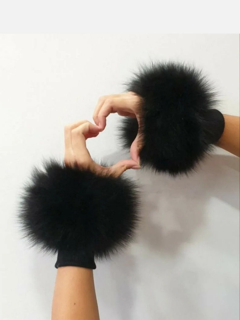 Fur cuffs,black cuffs,fox fur, fur cuffs image 1