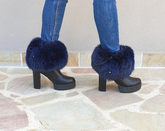 Fur leg cuffs,blue  leg warmers, fur boot cuffs