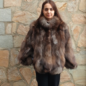 Capa de piel, poncho de zorro real, piel de zorro cristal