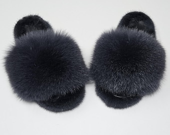 Fur slides,real fox-mink fur slippers,fur slides