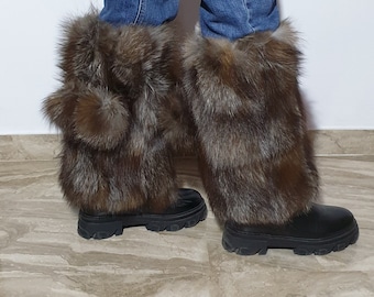 Fur leg cuffs, leg warmers,crystal fox fur,boot fox cuffs