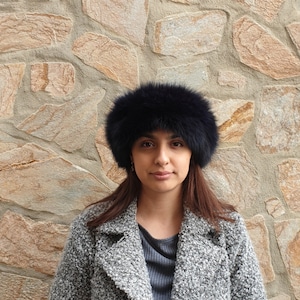 Fur headband,dark blue headband, real fox fur