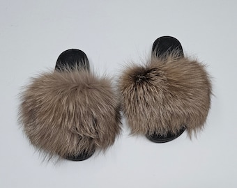 Fur Slides,fur slippers, fluffy fur shoes,fur flip flop,Fur shoes,fox fur slides