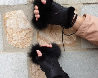 Fur gloves,Genuine fingerless fur gloves,shearling gloves