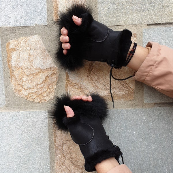 Fur gloves,Genuine fingerless fur gloves,shearling gloves