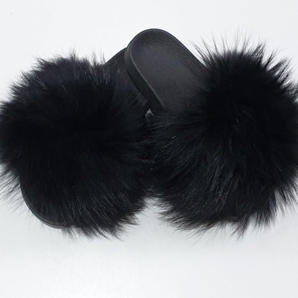 Fur slides, fox fur slippers, black fur shoes