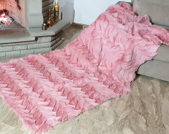 Fur blanket,fox fur blanket,fur throw,pink blanket