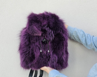 Fur bag,real fur backpack, purple fox fur bag