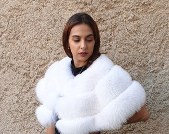 Fox fur shrug,real fur stole,white fox/trim rabbit  fur