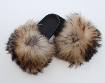 Fur Slides,fur slippers, fluffy fur shoes,fluffy slides, fin raccoon fur shoes