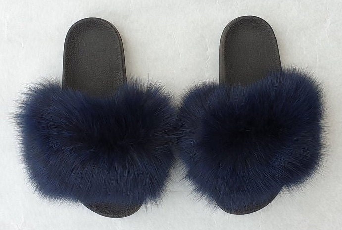 Fur Slides fur Slippers Fluffy Fur Shoes fur Flip Flop blue Fur Slides Etsy