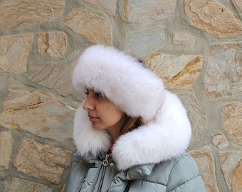 Fur headband,fur neck warmer, fur scarf,white brown tips fox headband