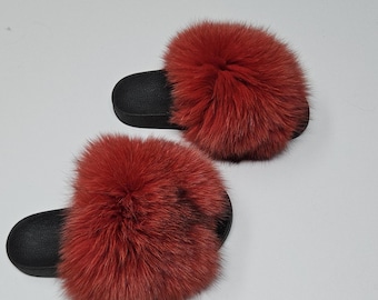 Fur Slides,fur slippers, fluffy fur shoes,fur flip flop,Fur shoes,fox fur slides
