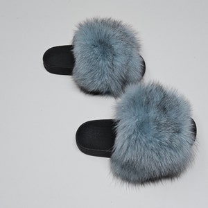 Fur Slides,fur slippers, fluffy fur shoes,fur flip flop,blue fur slides