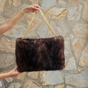 Bolso de piel, bolso de visón marrón, bolso de piel real, bolso de piel de visón