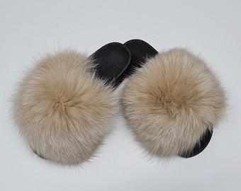 Fur Slides,fur slippers, fluffy fur shoes,fur flip flop,Fur shoes,fox fur slides