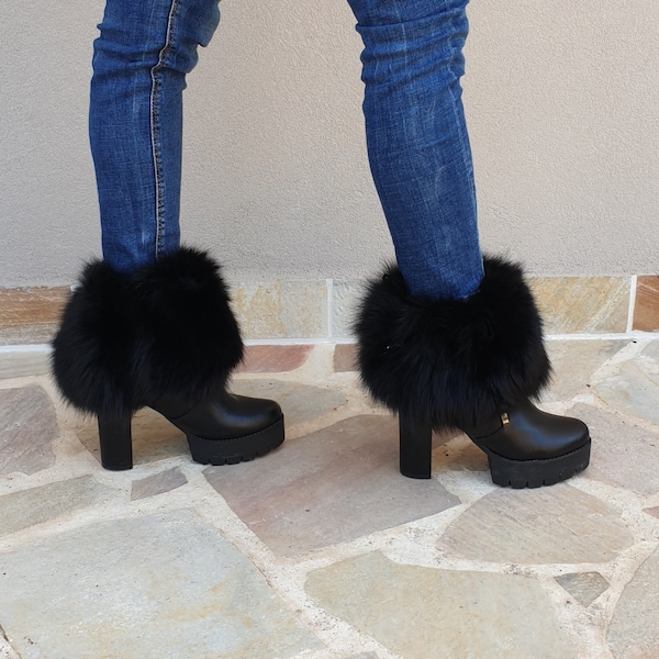 Fur leg cuffs, black leg warmers, fur boot cuffs