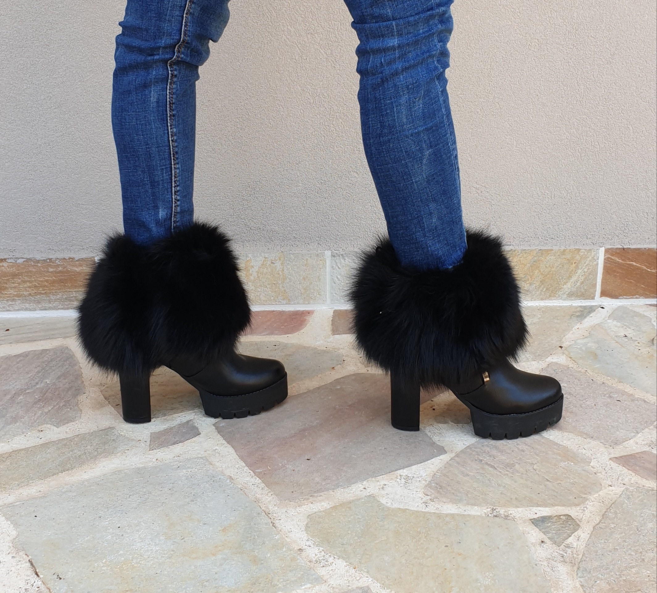 Fur leg cuffs, black leg warmers, fur boot cuffs