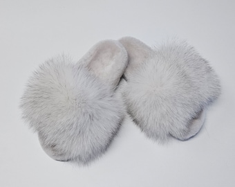 Fur slides,real fox-sheepskin fur slippers,fur slides
