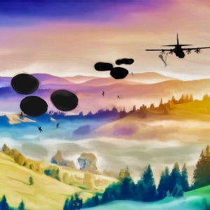 Colorful Valley Paratroopers Fine Art Giclée Print, | Great Gift Ideas | Unique Paintings | Traditional Artwork | Artistic Merchandise