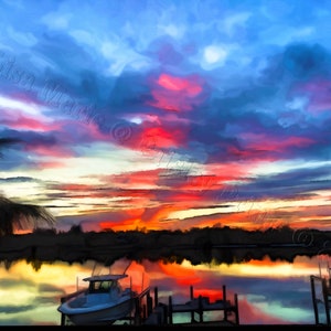 Orange Sun Intracoastal Florida Fine Art Giclée Print, | Great Gift Ideas | Unique Paintings | Traditional Artwork | Artistic Merchandise