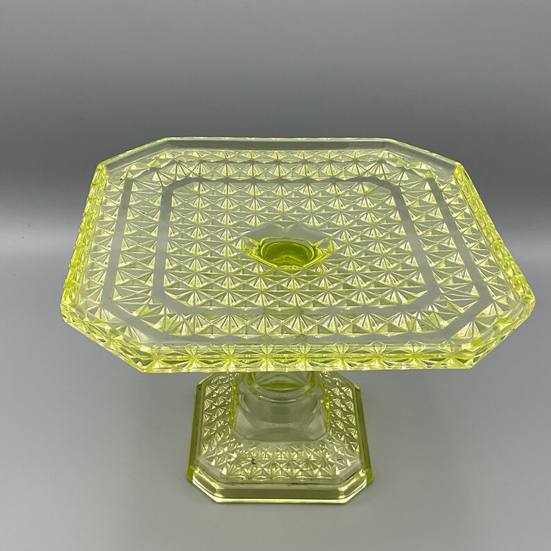 Vaseline Glass Square Footed Cake Stand Etsy