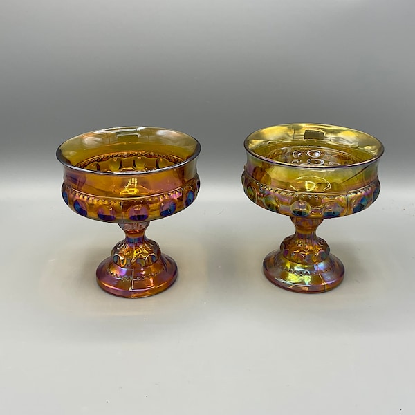 Indiana Glass Gold Carnival Glass King’s Crown Thumbprint Compotes--Set of 2