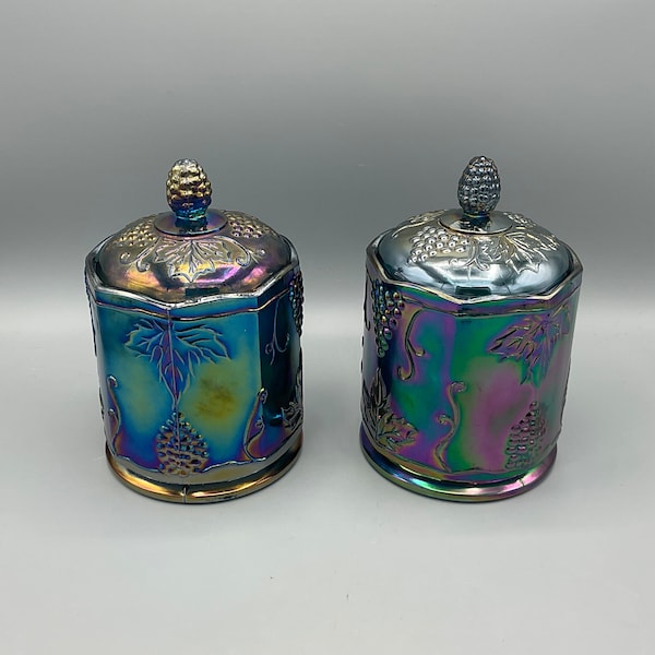 Two Blue Carnival Glass Canisters With Lids