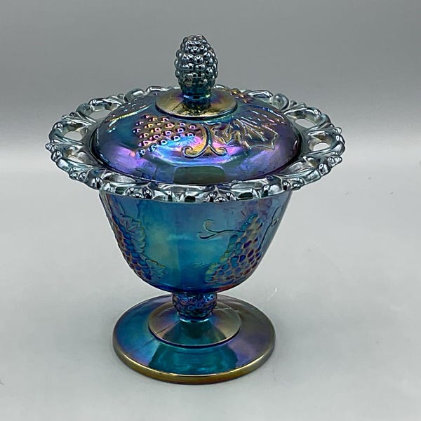 Indiana Glass Round Blue Carnival Glass Open Lace Candy Dish