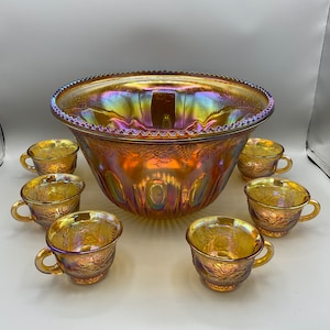 Marigold Carnival Glass Punch Bowl Set With 6 Cups