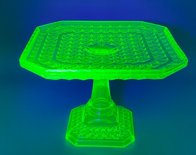Vaseline Glass Square Footed Cake Stand Etsy