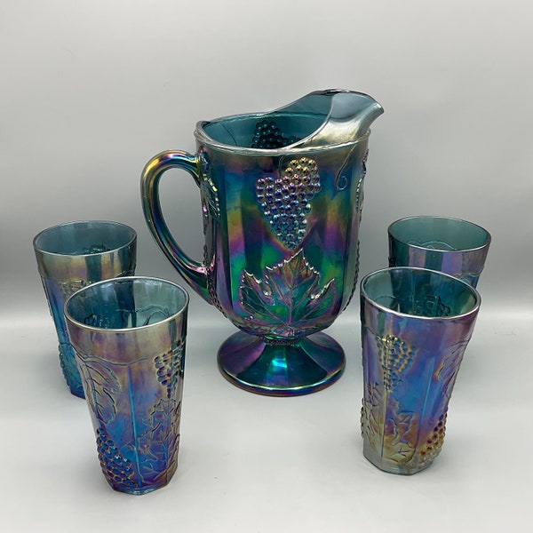 Indiana Glass Blue Carnival Glass Pitcher And Four Glasses