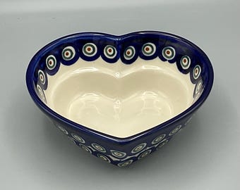 Polish Pottery Heart Shaped Bowl in Peacock Pattern
