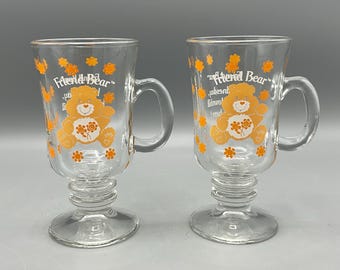 1984 Care Bears Friend Bear Pedestal Glass Mugs—Set of 2