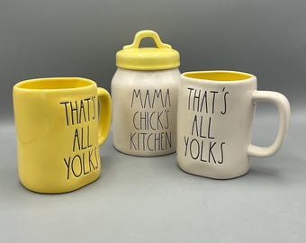 Rae Dunn “That’s All Yolks” Mugs and small “Mama Chick’s Kitchen” Canister—Set of 3