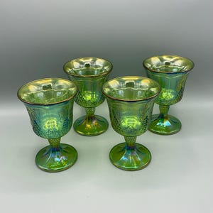 Indiana Glass Green Carnival Glass Footed Goblets—Set Of 4