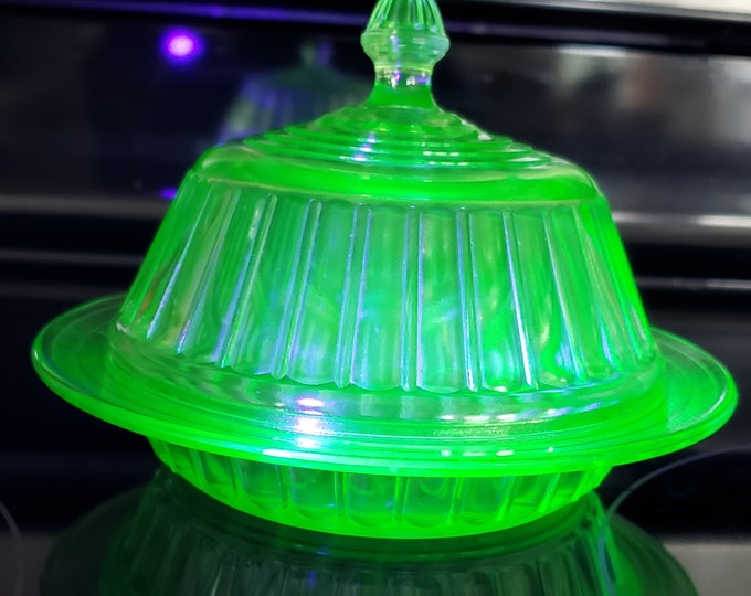 Uranium Glass Covered Butter Dish Etsy
