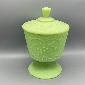 Fenton Wild Strawberry Green Satin Custard 9” Compote With Lid