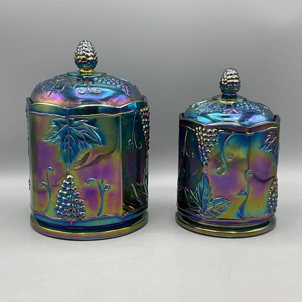 Blue Carnival Glass Canister Set With Lids