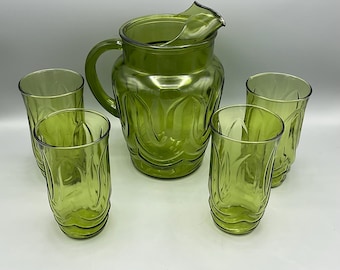 Anchor Hocking Colonial Tulip Avocado Green Pitcher & 4 Glasses Set