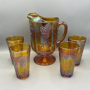 Indiana Glass Marigold Carnival Glass Pitcher And 4 Tumblers