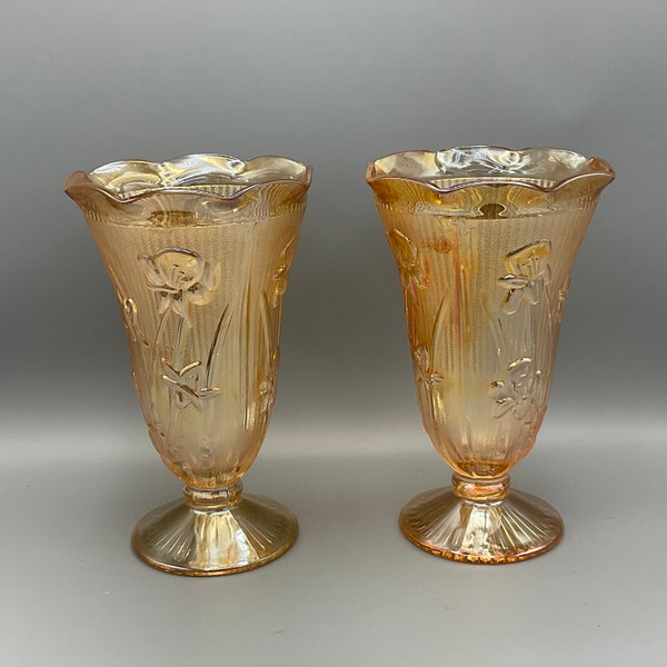 Pair Of Jeanette Marigold Carnival Glass Iris & Herringbone 9” Vases