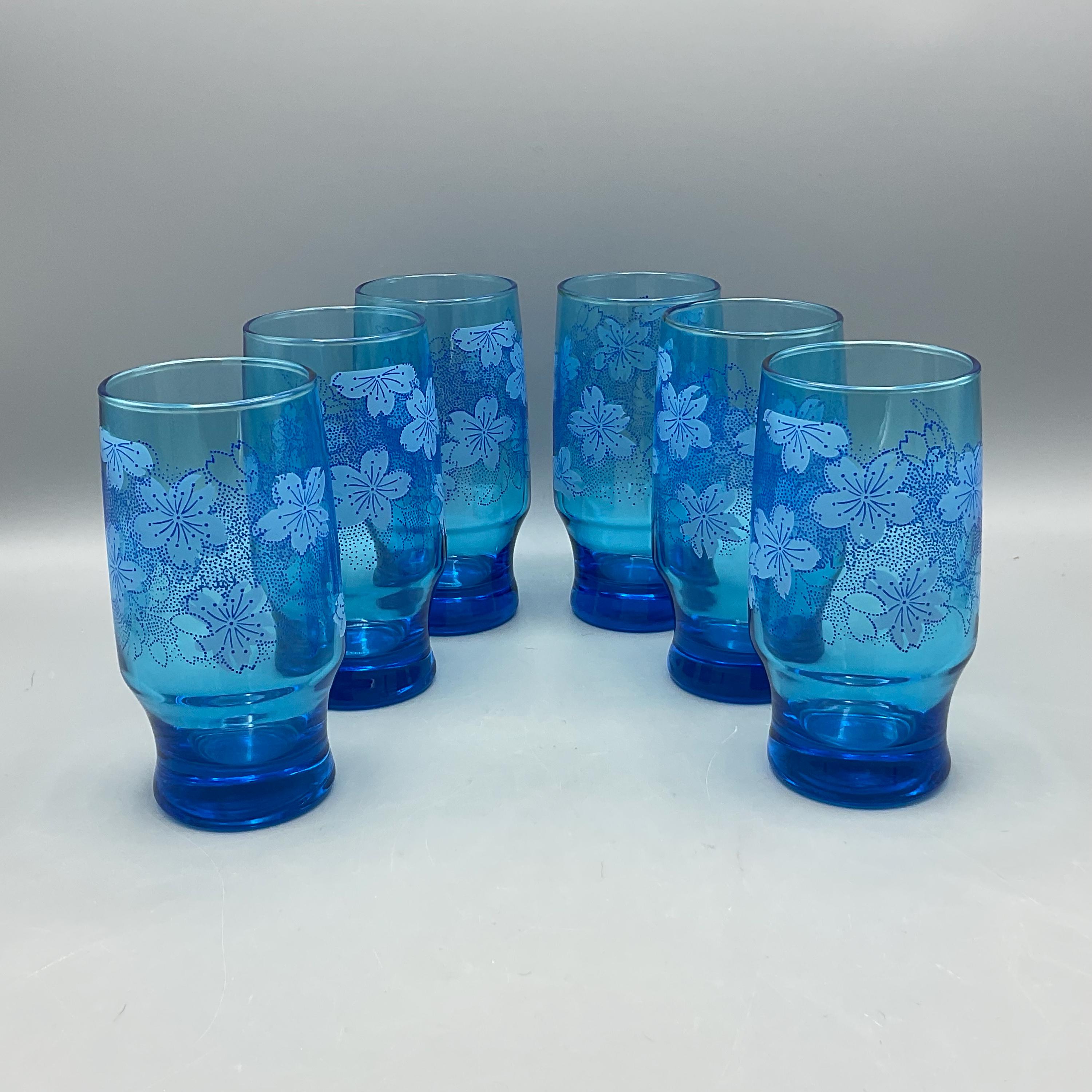 Vintage 4 Capri Turquoise Blue Glass Tumblers White Flowers  Vintage Pat Au glassware main image 2